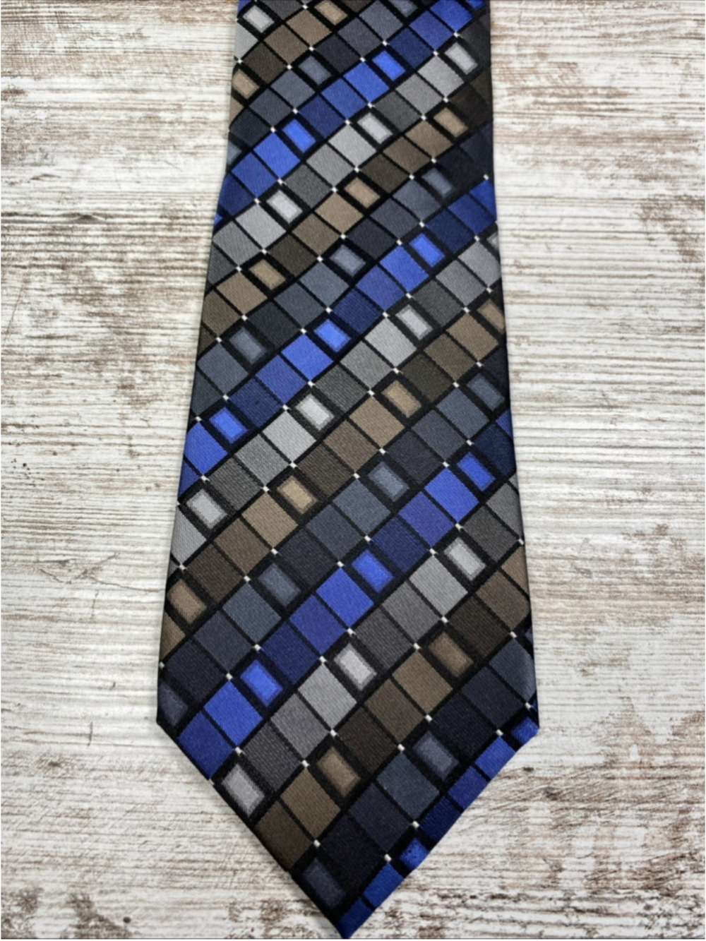 Kenneth Cole Reaction Silk Tie Blue Gray Brown Geometric 58” Modern Slim